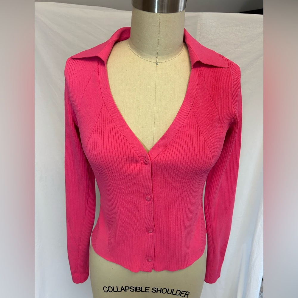 Rag & Bone Collared V-Neck Button-Front Pink Ribbed Sweater